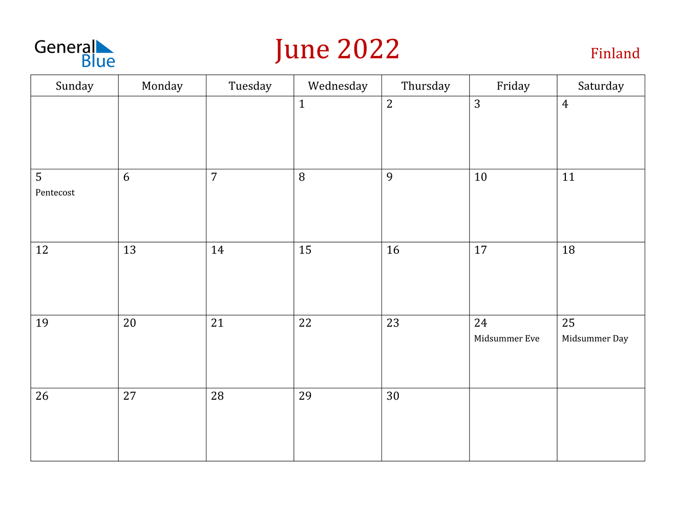June 2022 Calendar - Finland
