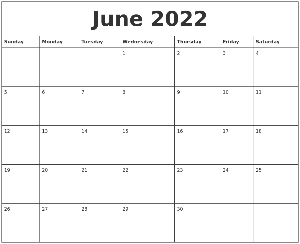 June 2022 Calendar Free Printable