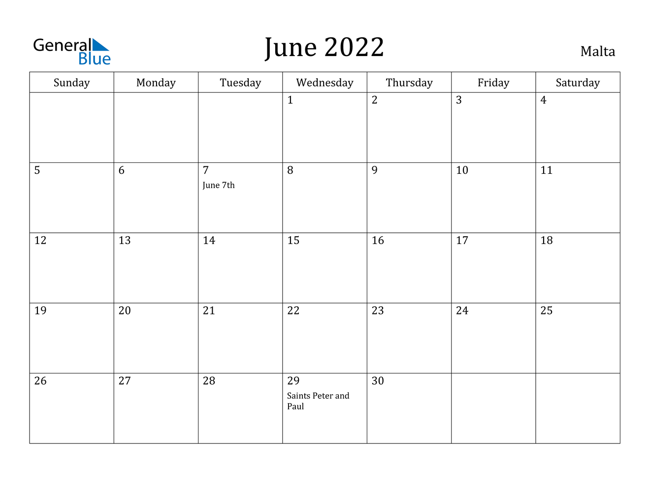 June 2022 Calendar - Malta