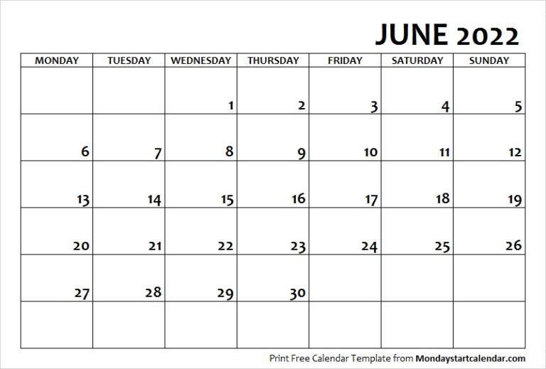 June 2022 Calendar Monday Start | June Month Template