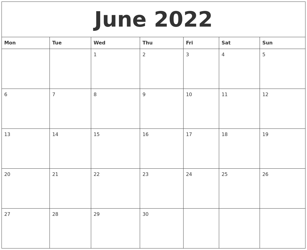 June 2022 Calendar Month