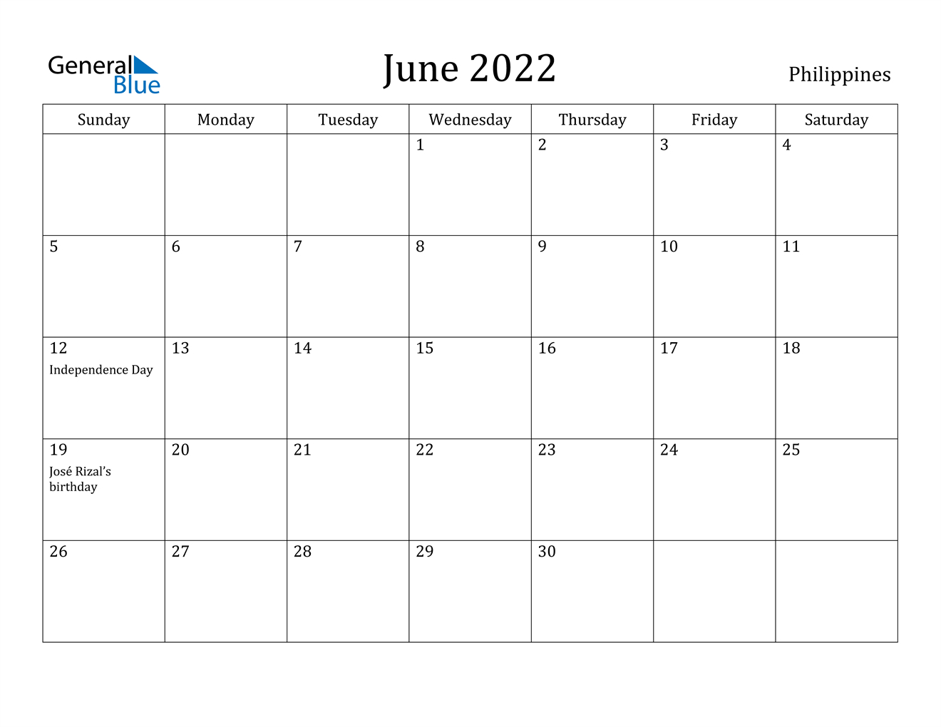 June 2022 Calendar - Philippines