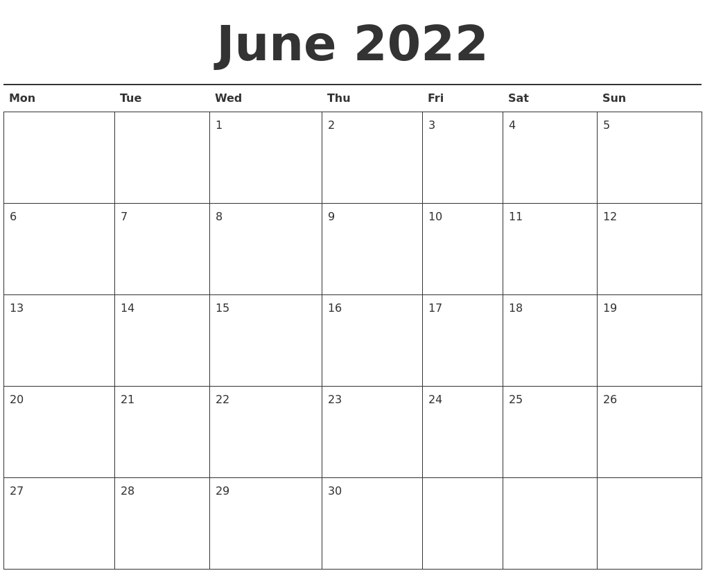 June 2022 Calendar Printable