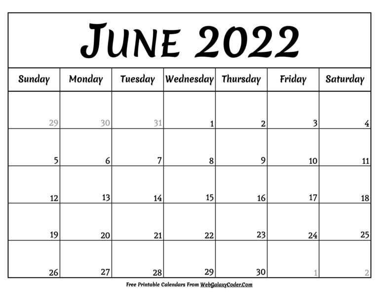 June 2022 Calendar - Printable Format - Print Now
