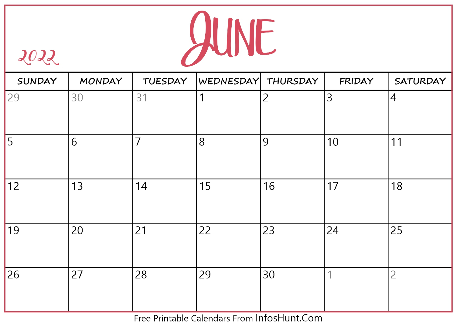 June 2022 Calendar Printable - Free Yearly &amp; Monthly