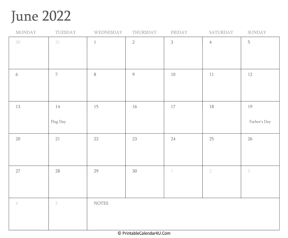 June 2022 Calendar Printable With Holidays
