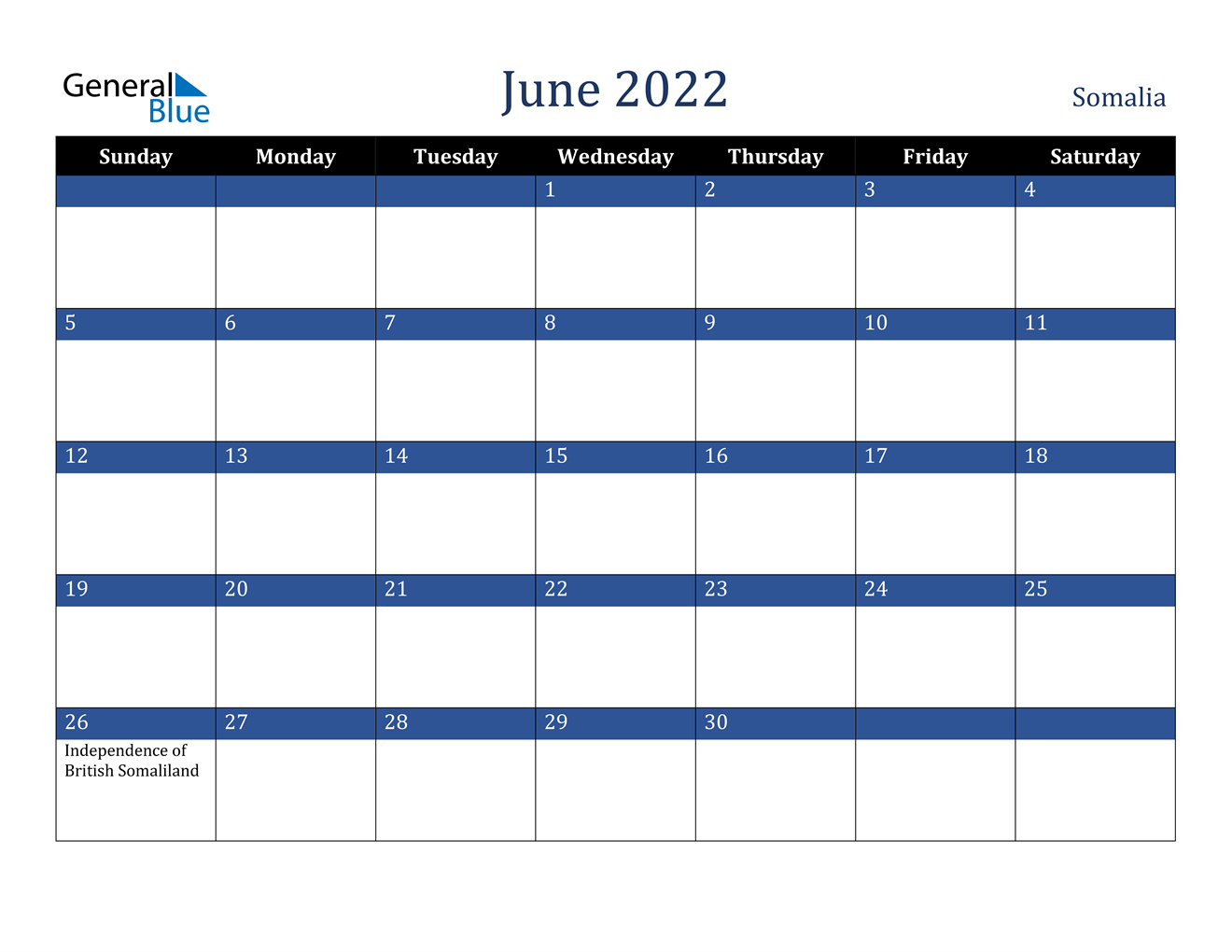 June 2022 Calendar - Somalia