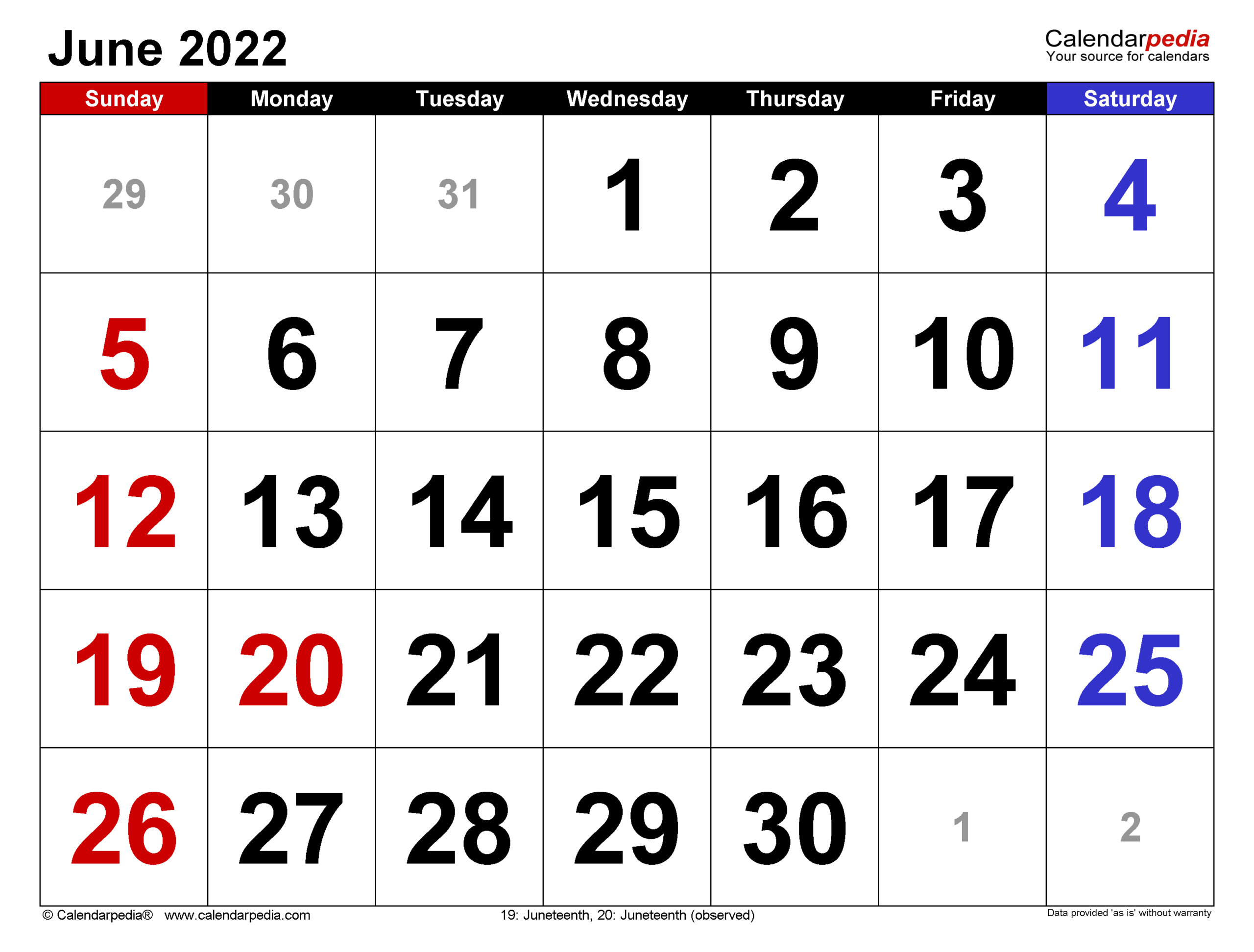 June 2022 Calendar | Templates For Word, Excel And Pdf