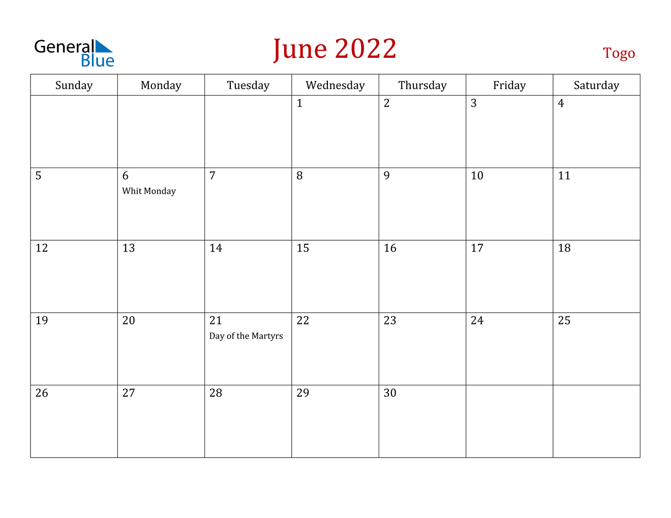 June 2022 Calendar - Togo