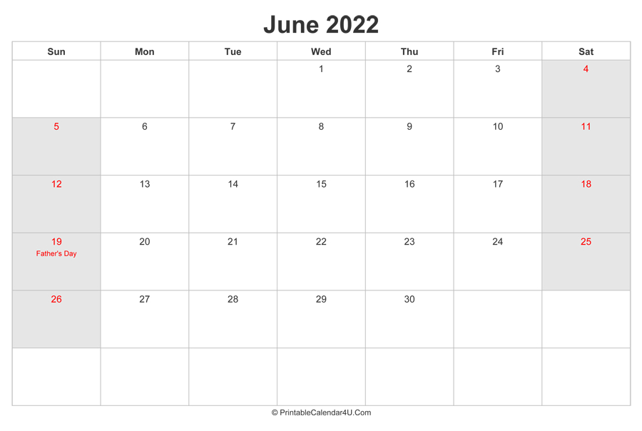 June 2022 Calendar With Us Holidays Highlighted (Landscape