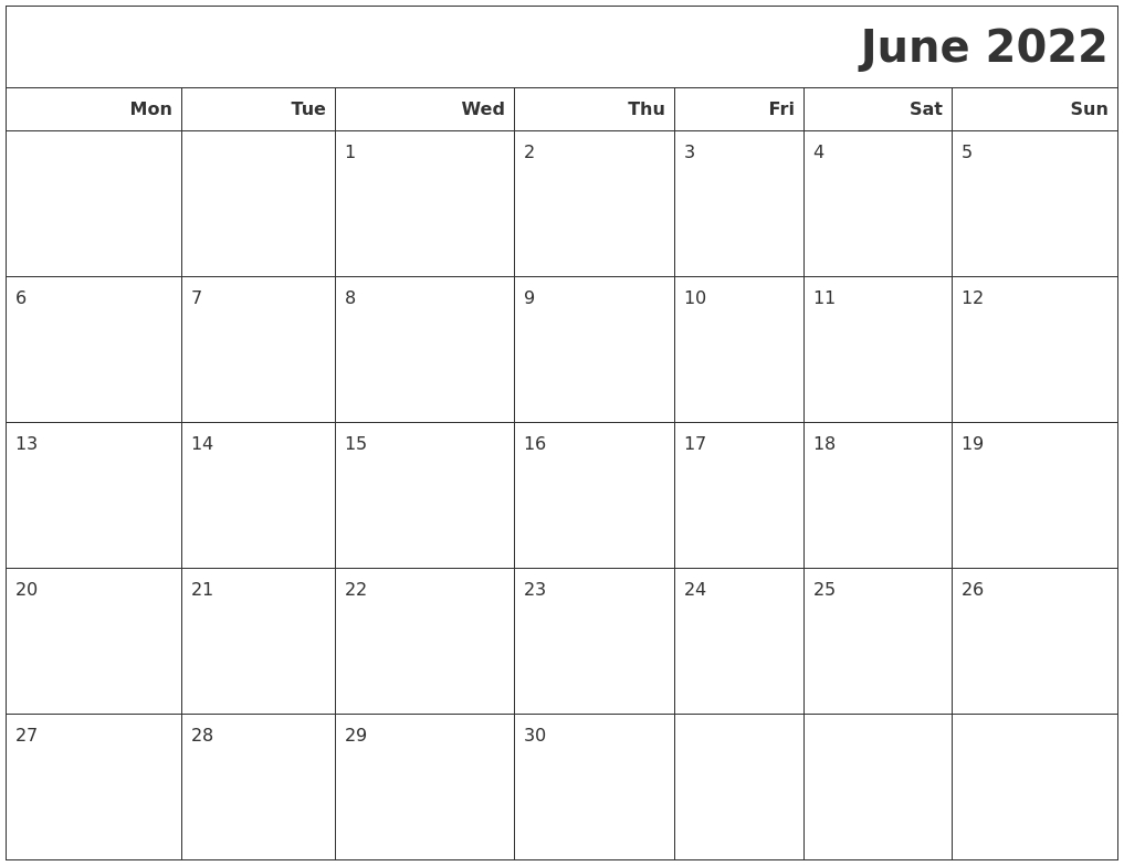 June 2022 Calendars To Print