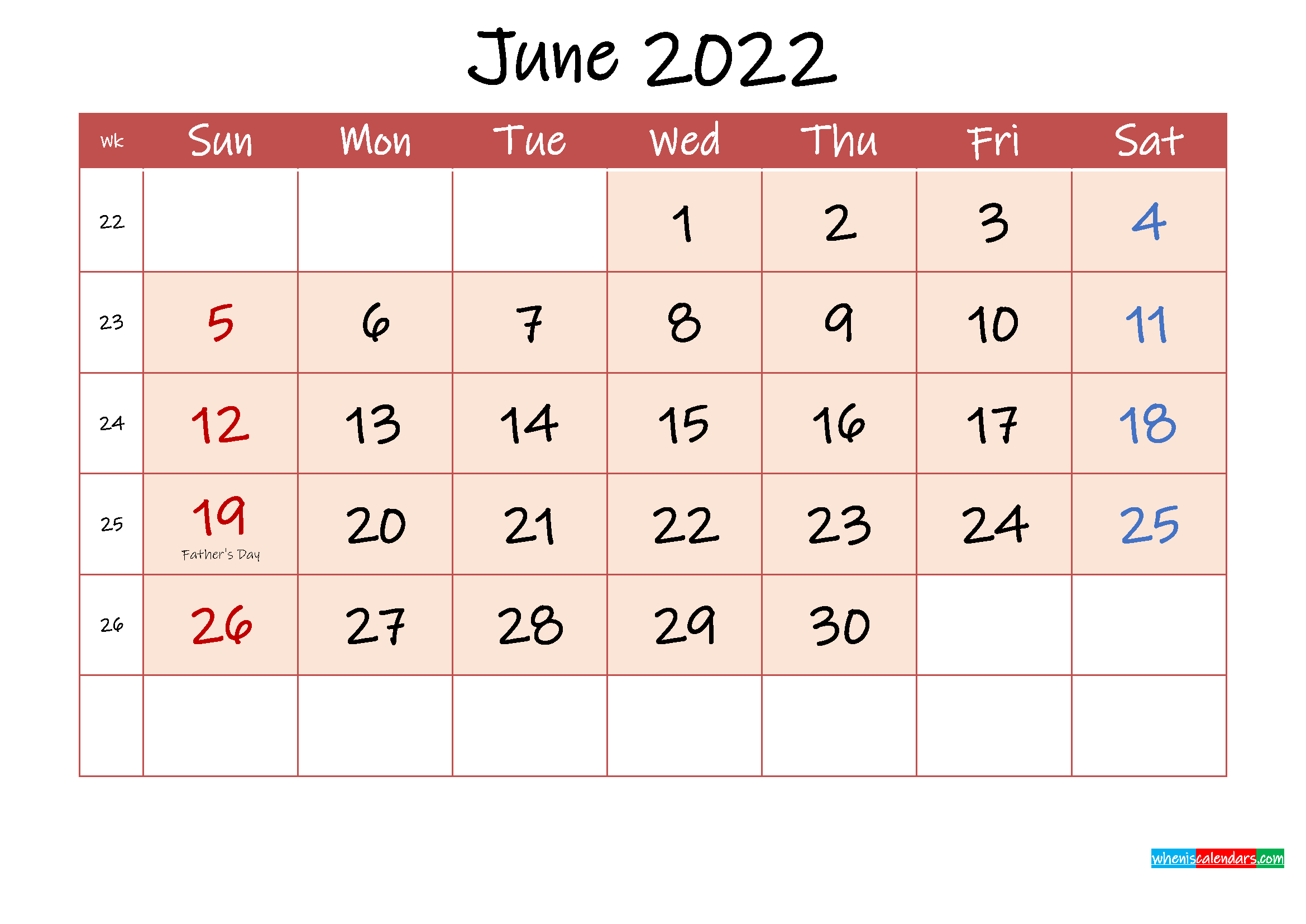June 2022 Free Printable Calendar With Holidays - Template