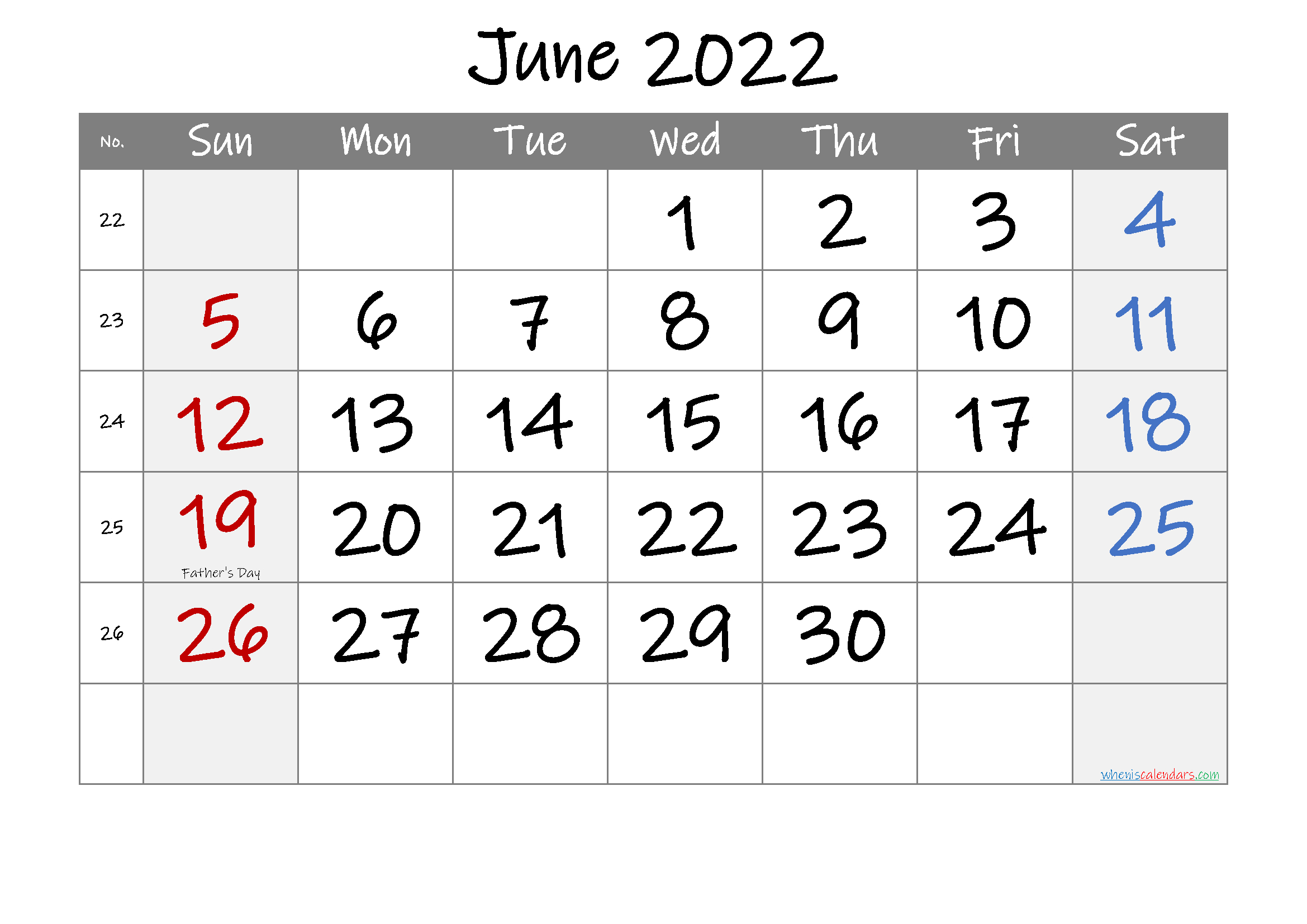 June 2022 Free Printable Calendar With Holidays-Template