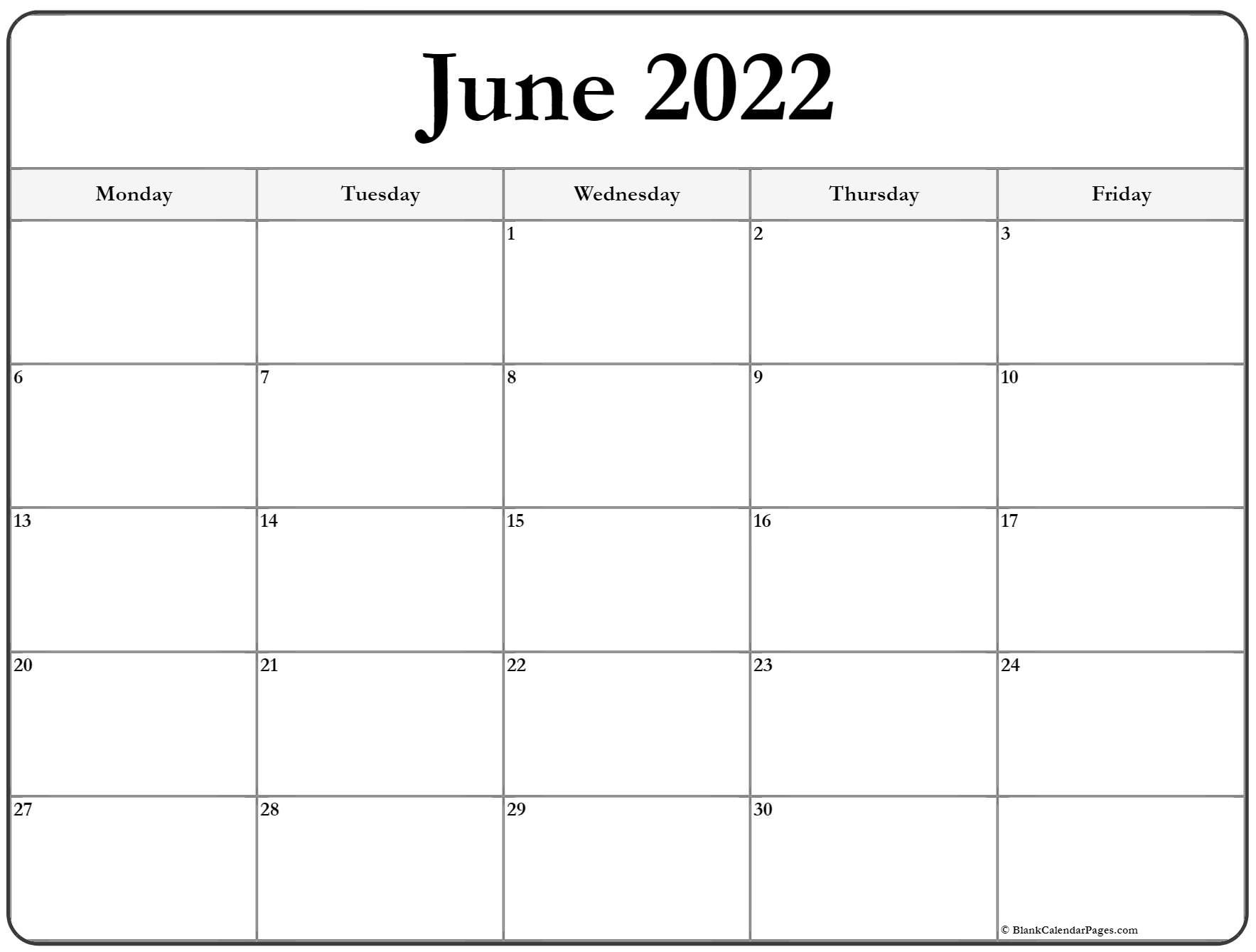 June 2022 Monday Calendar | Monday To Sunday