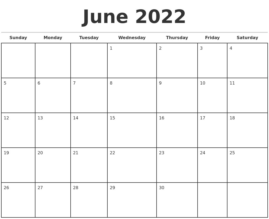 June 2022 Monthly Calendar Template