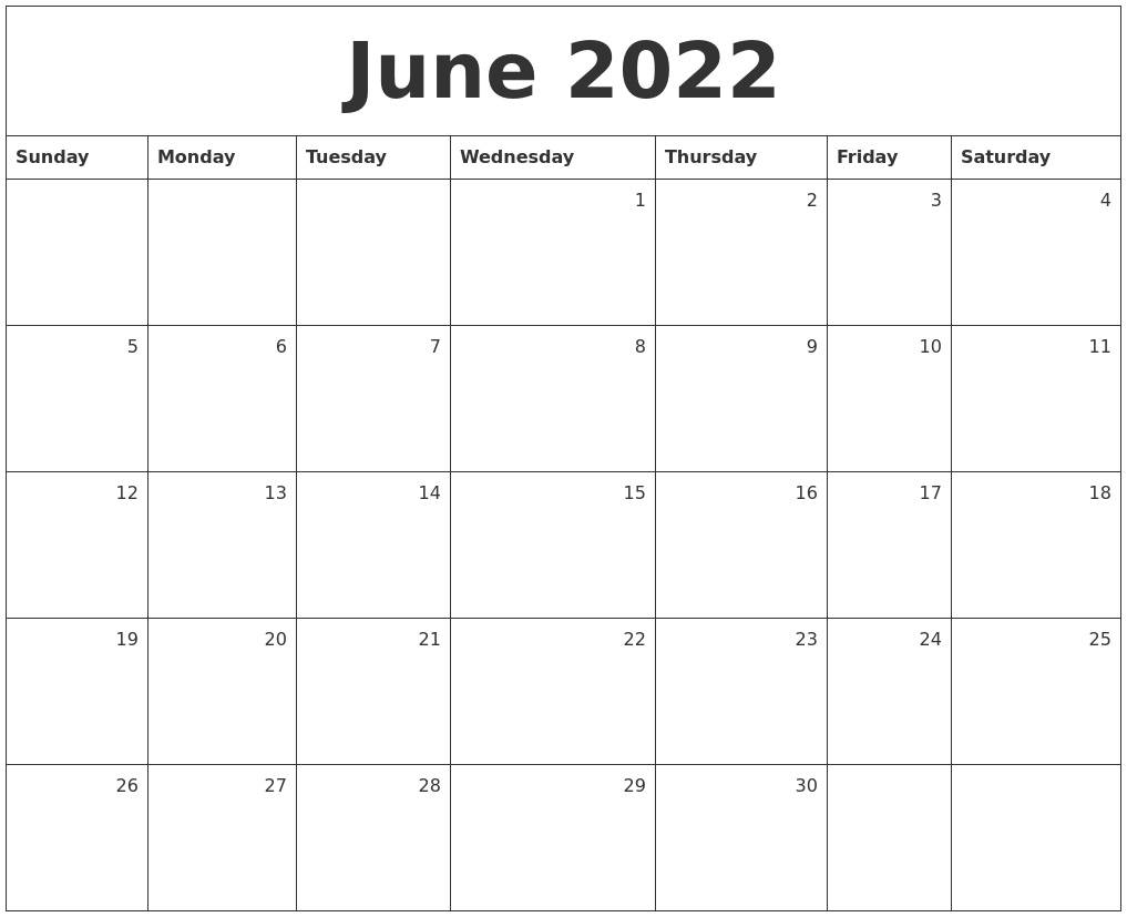 June 2022 Monthly Calendar