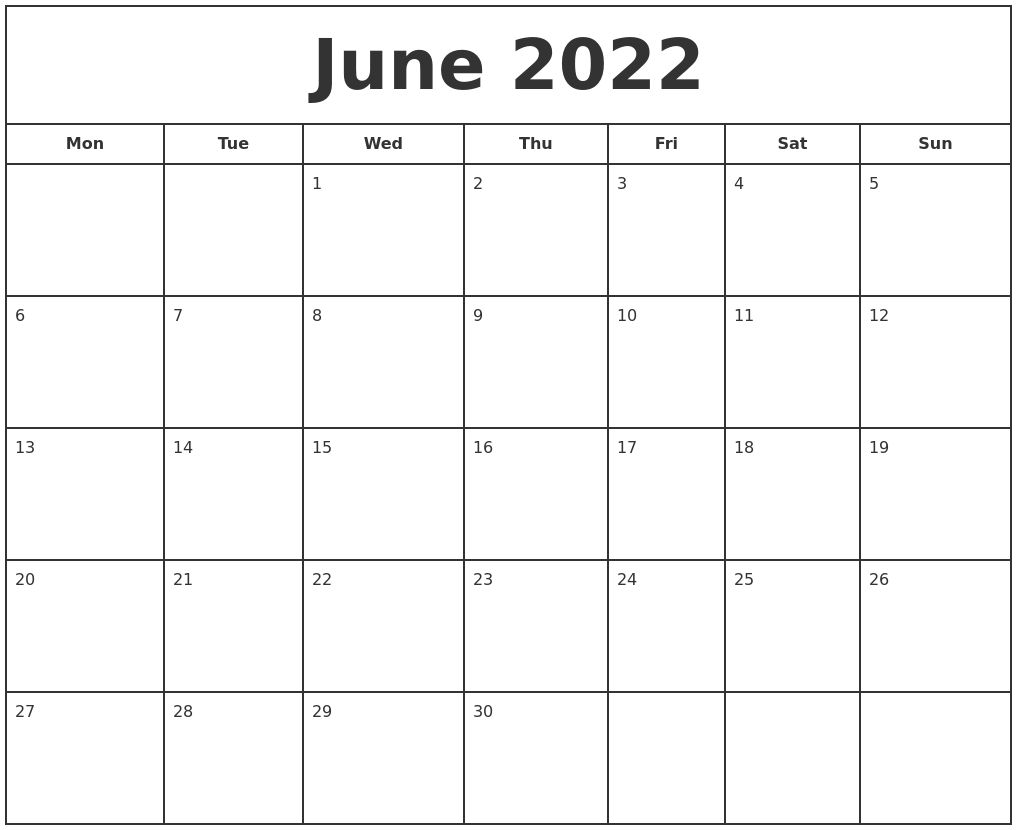 June 2022 Print Free Calendar