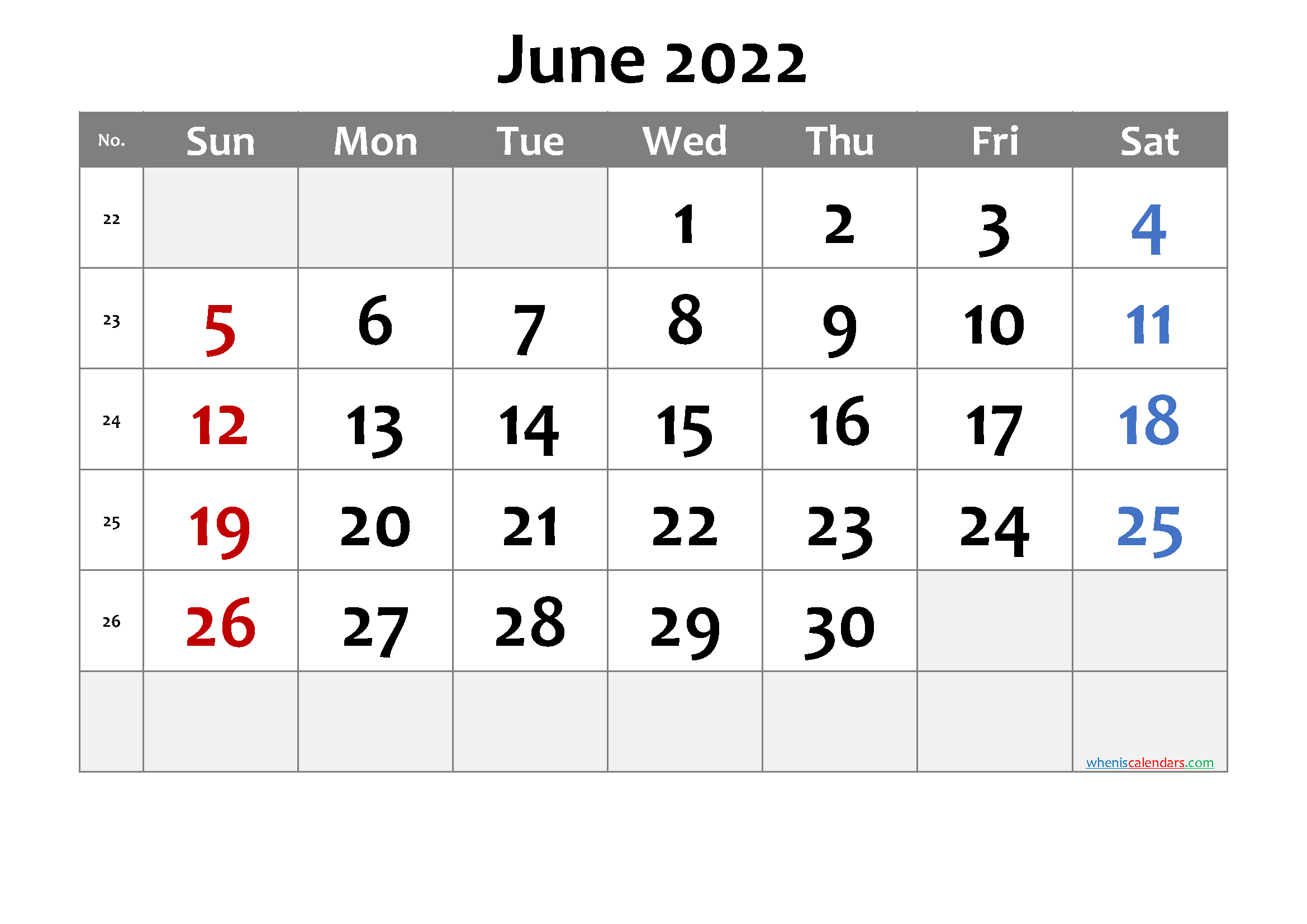 June 2022 Printable Calendar - 6 Templates
