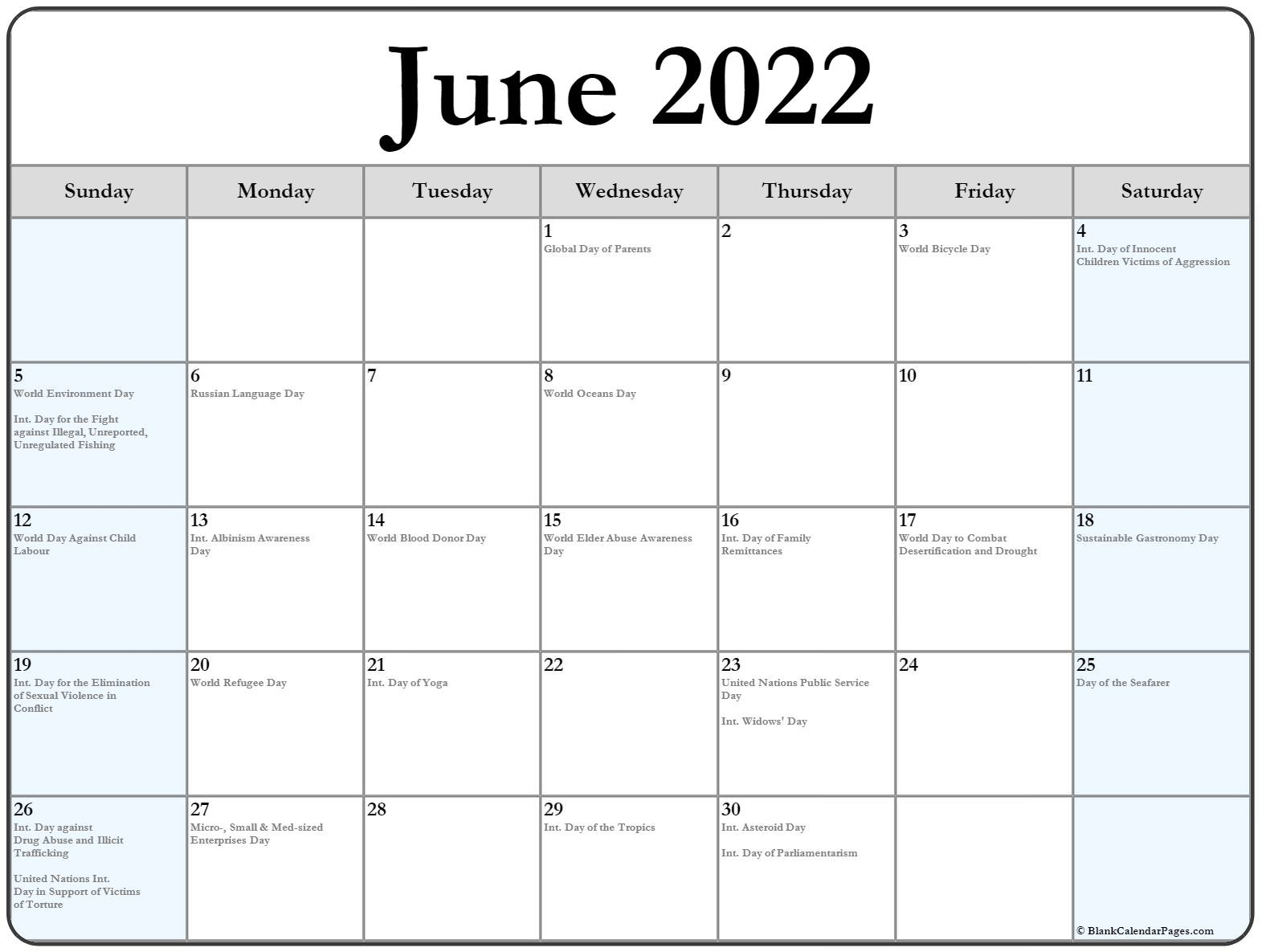 June 2022 With Holidays Calendar