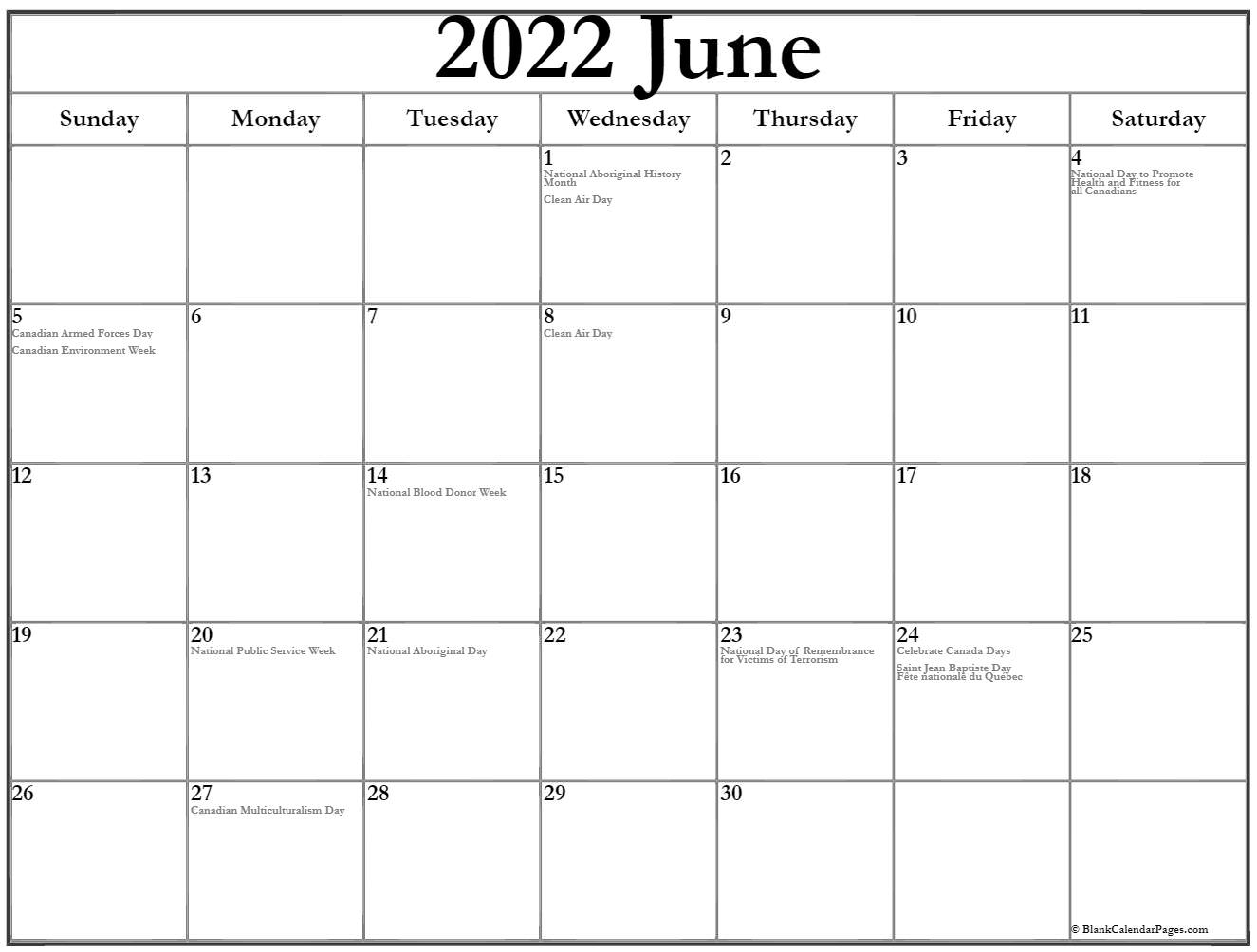 June 2022 With Holidays Calendar