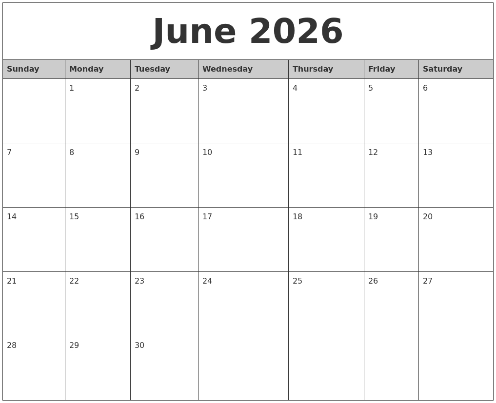 June 2026 Monthly Calendar Printable