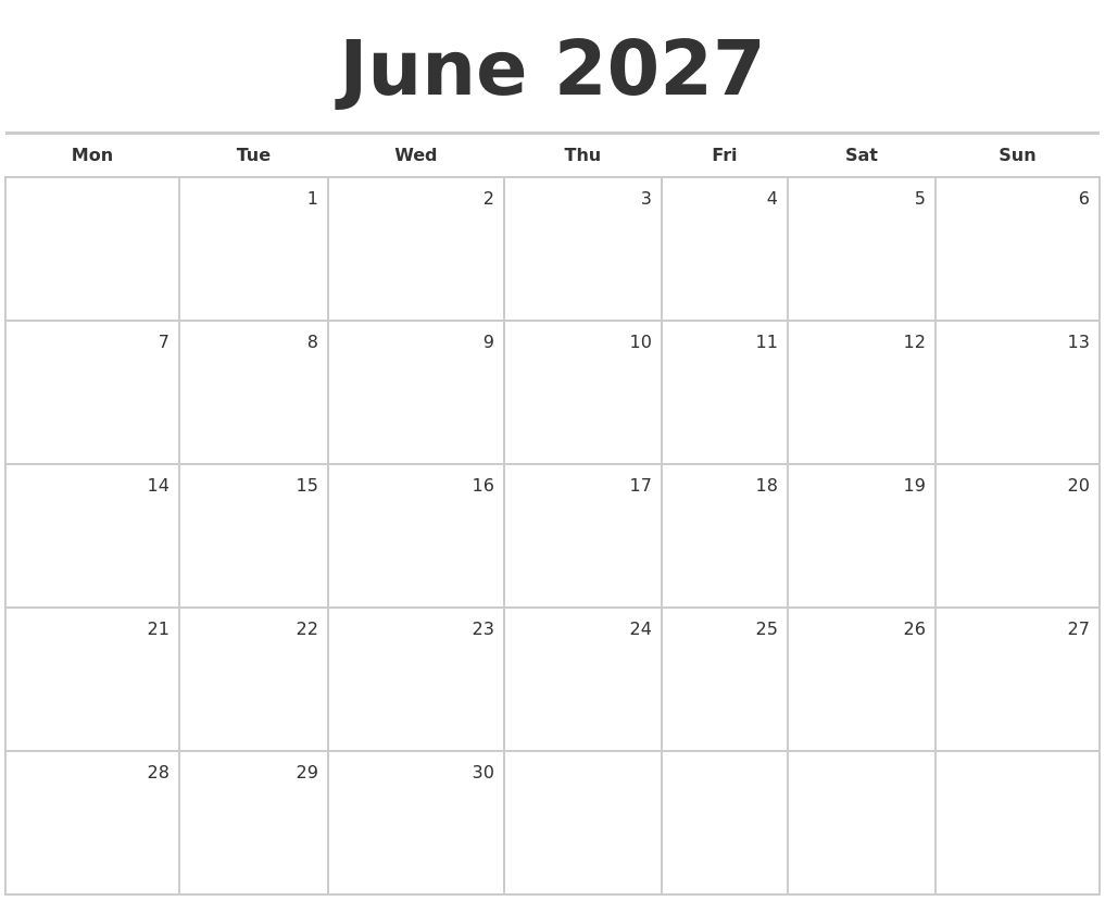 June 2027 Blank Monthly Calendar