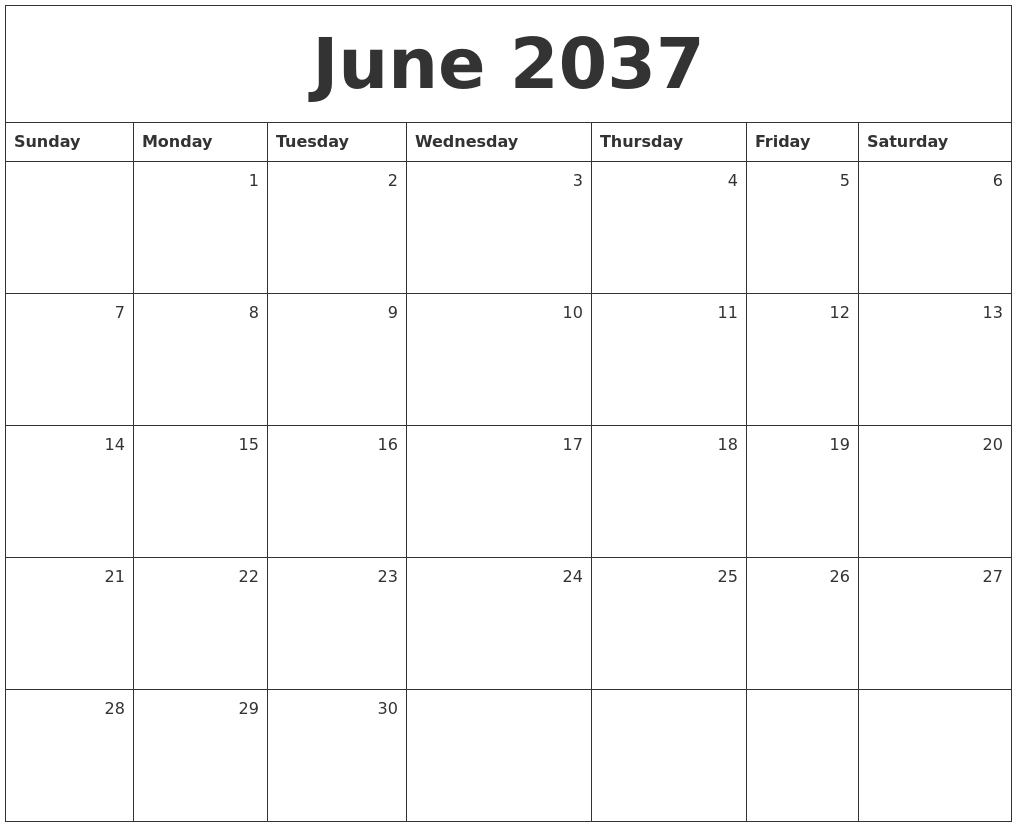 June 2037 Monthly Calendar