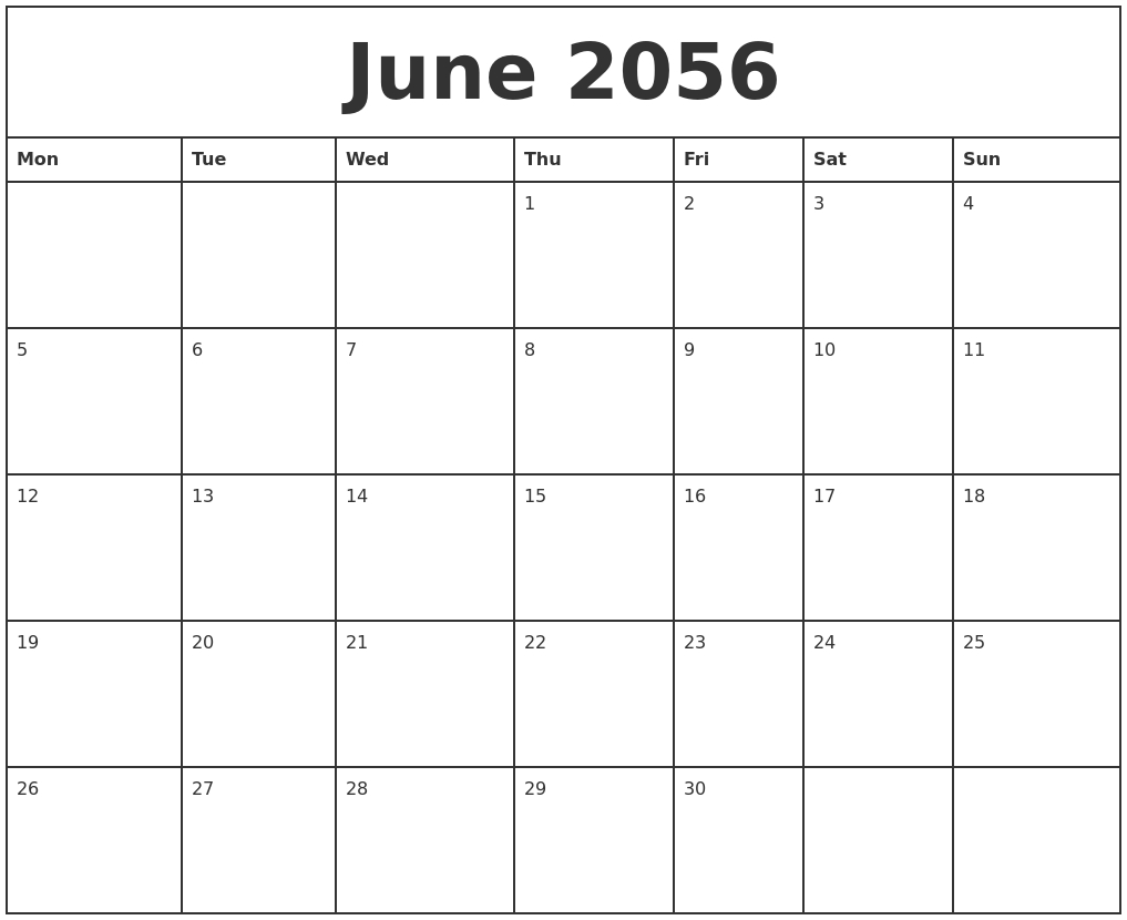 June 2056 Printable Monthly Calendar