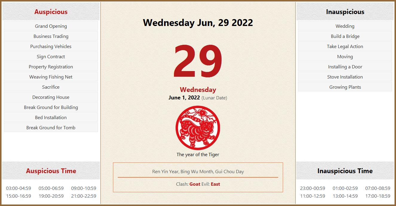 June 29, 2022 Almanac Calendar: Auspicious/Inauspicious