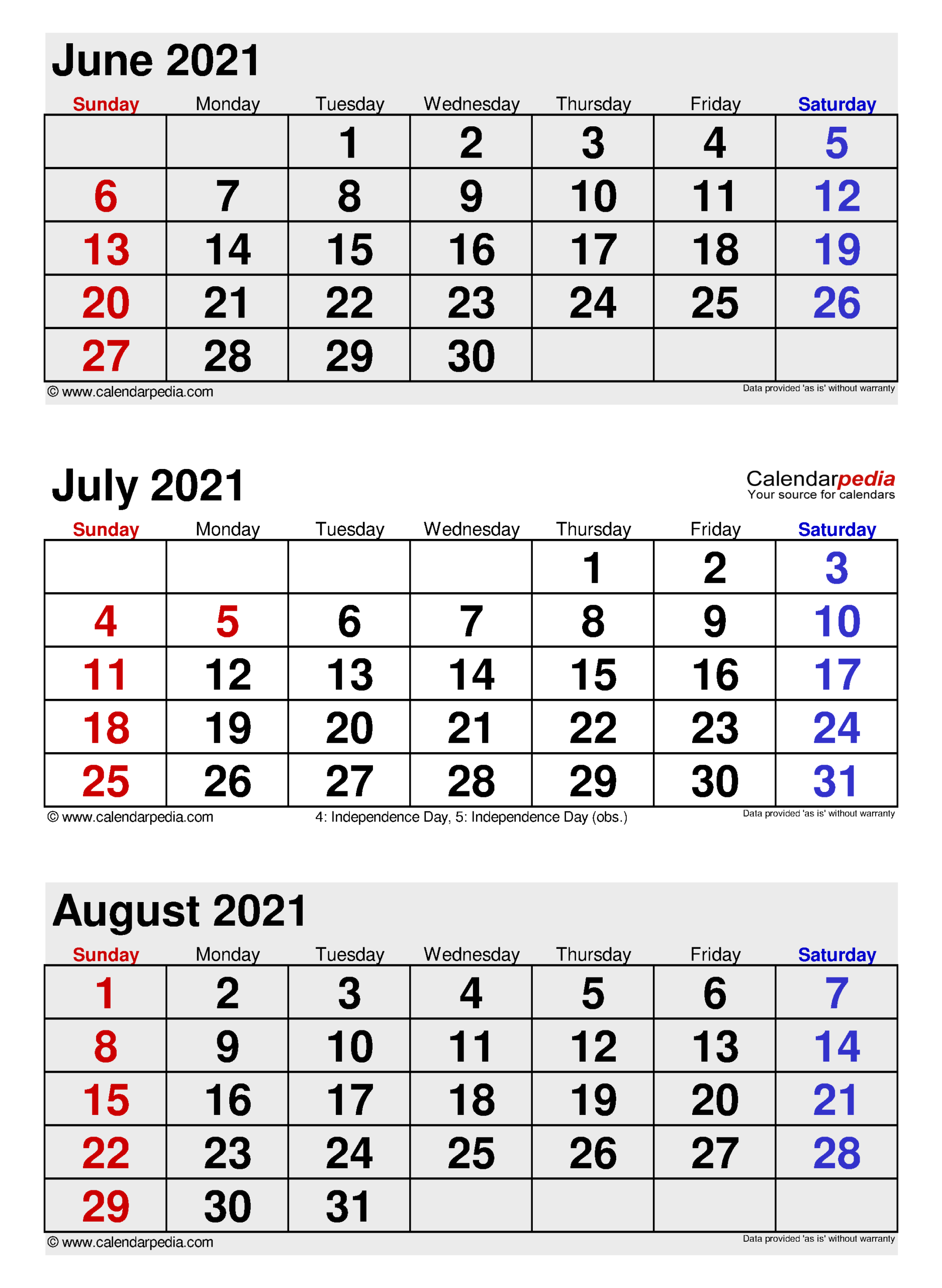 June July August 2021 Calendar Printable | 2021 Printable