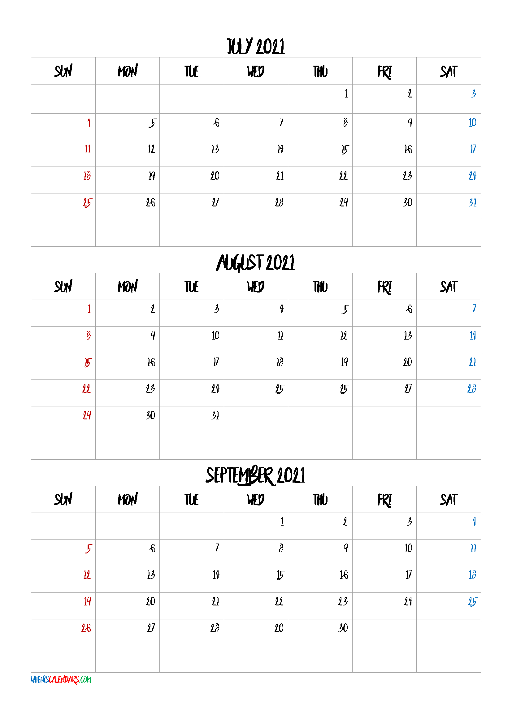June July August September 2021 Calendar | 2022 Calendar