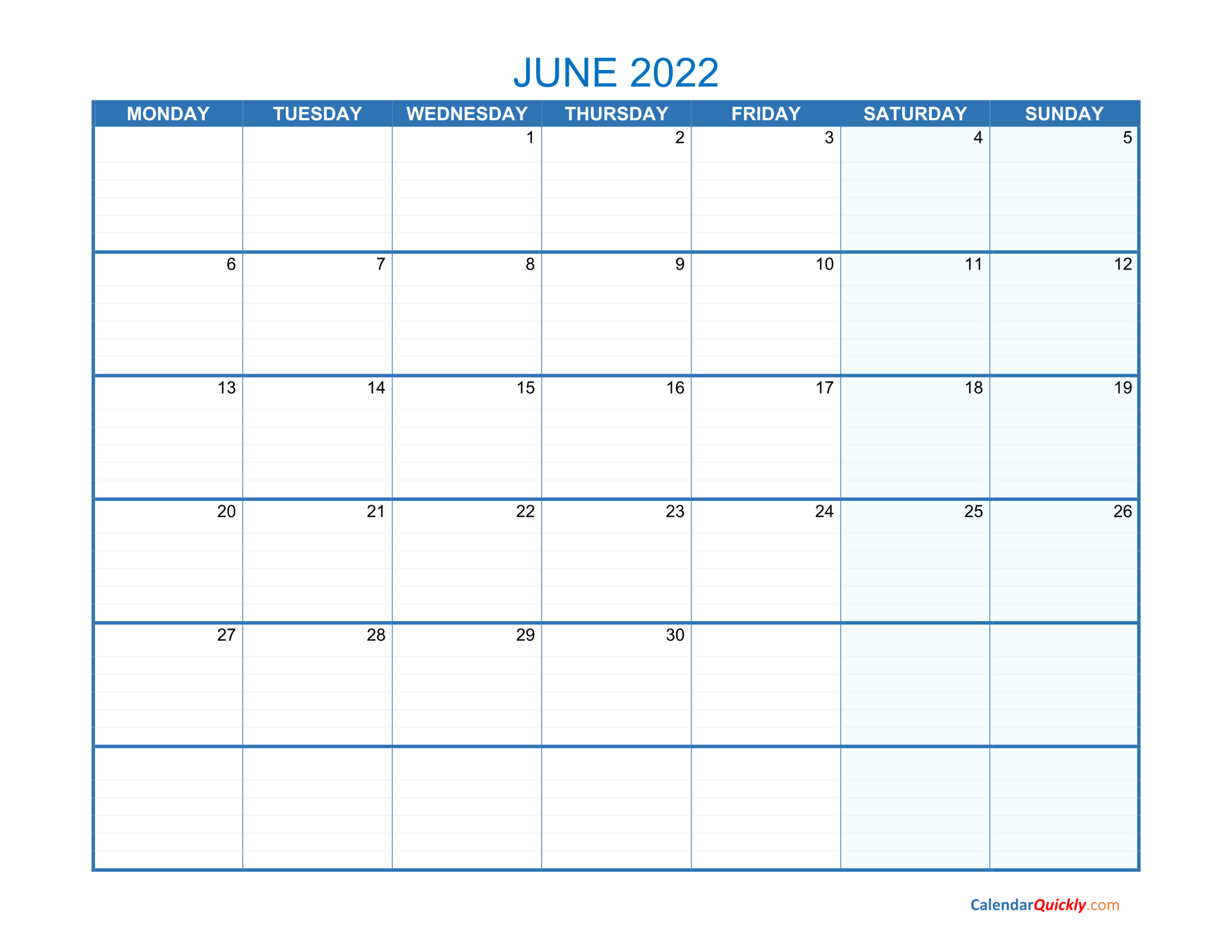 June Monday 2022 Blank Calendar | Calendar Quickly