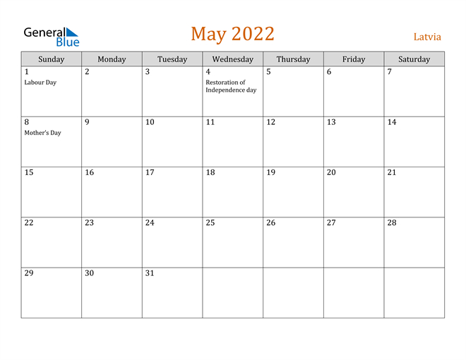 Latvia May 2022 Calendar With Holidays
