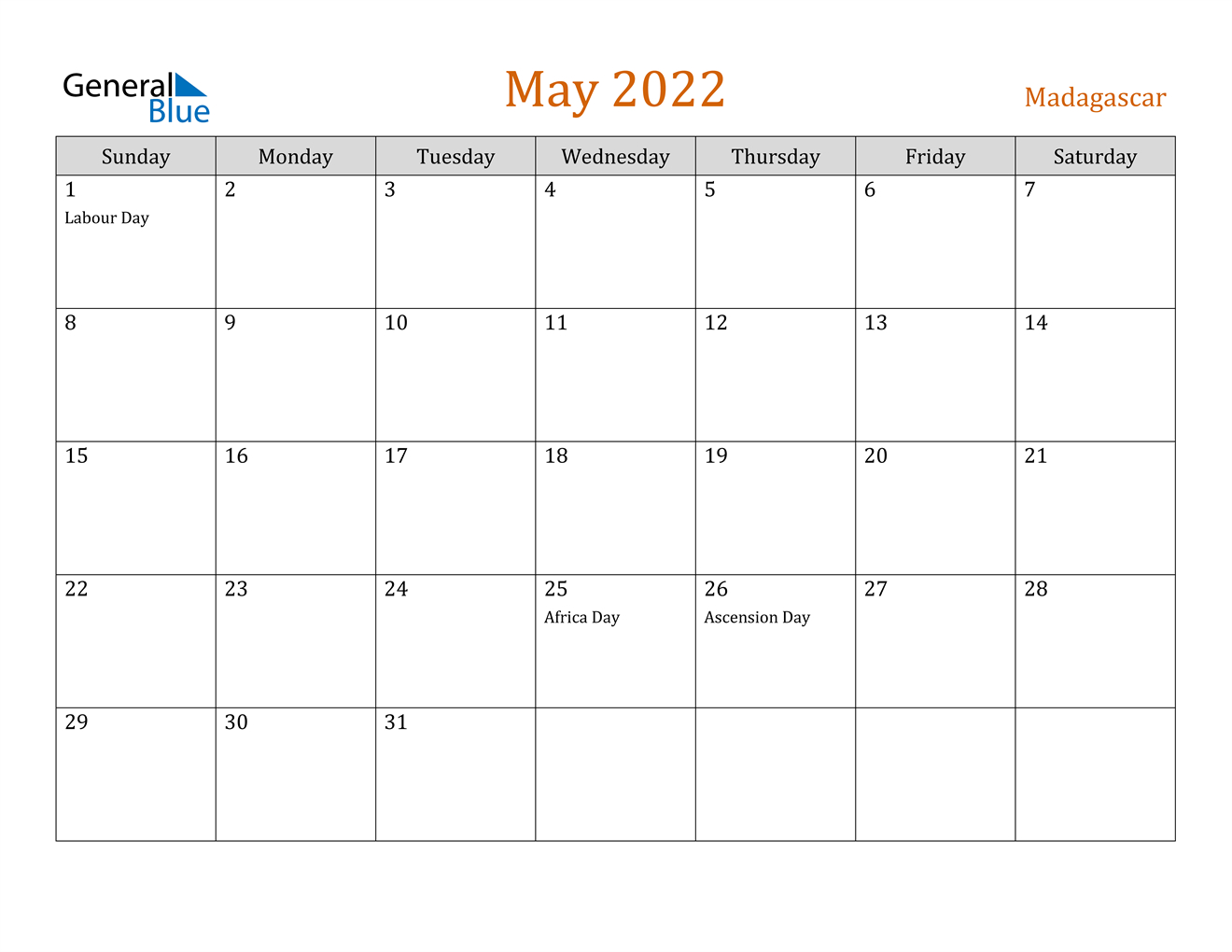 Madagascar May 2022 Calendar With Holidays