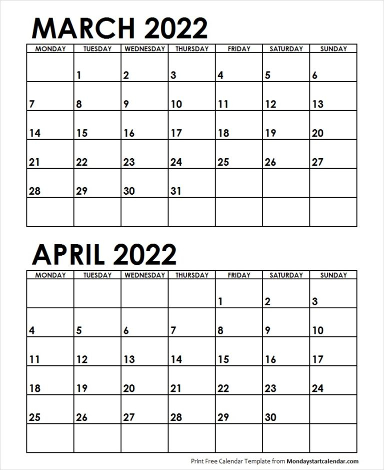 Mar Apr 2022 Calendar Monday Start | Editable Two Months