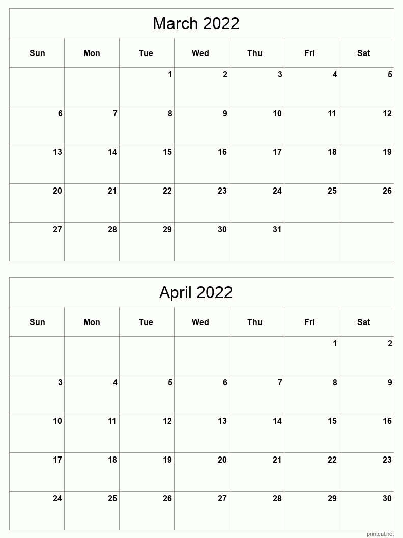 Mar-Apr 2022 Printable Calendar | Two Months Per Page