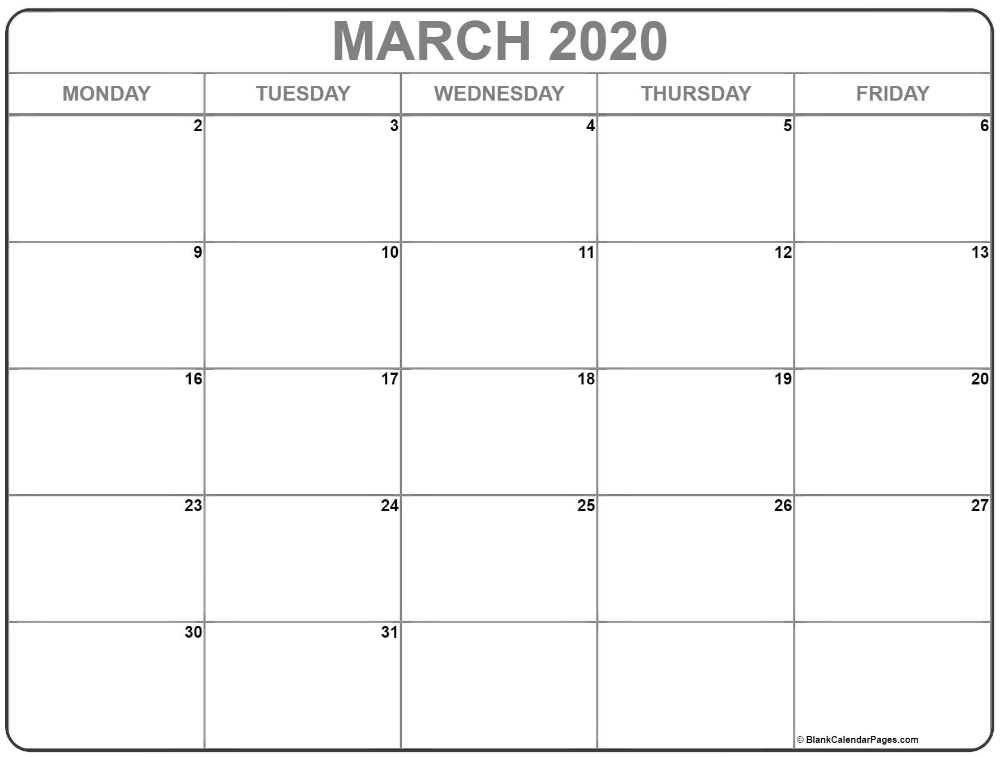 March 2020 Monday Calendar | Monday To Friday | Calendar