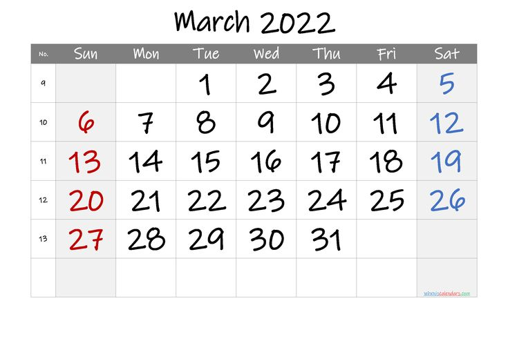 March 2022 Printable Calendar With Week Numbers - 6