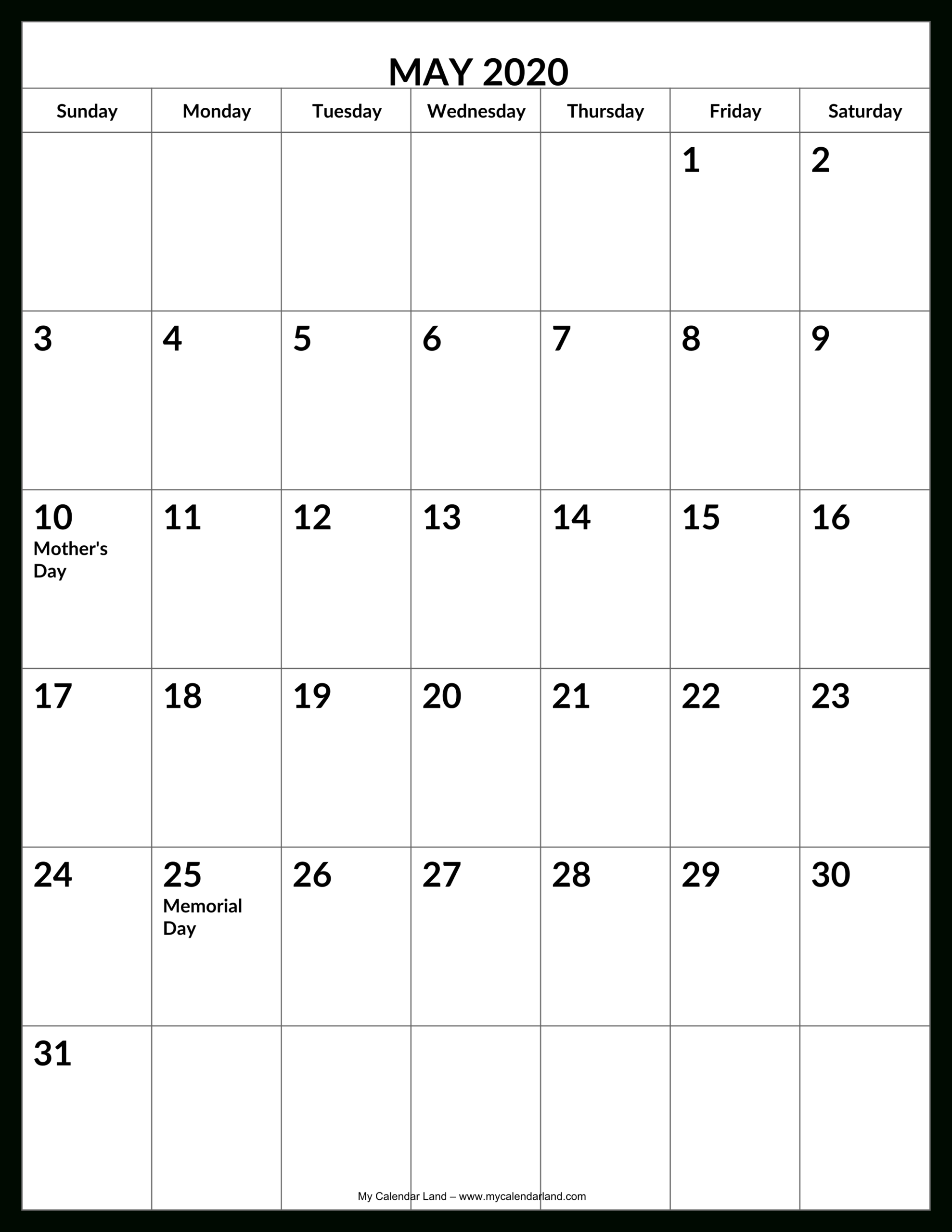 May 2020 Calendar - My Calendar Land
