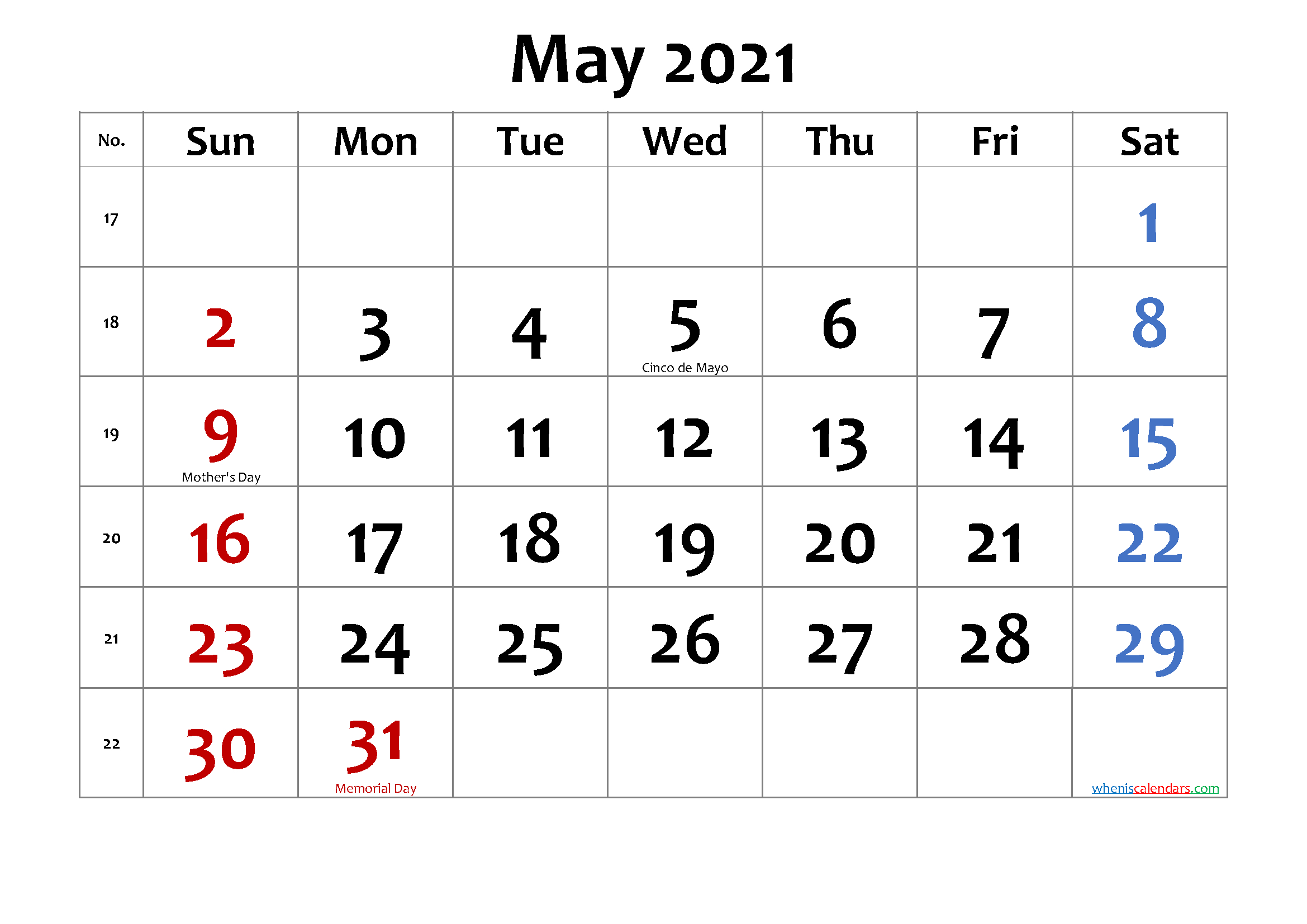 May 2021 Calendar With Holidays Printable | 2021 Printable