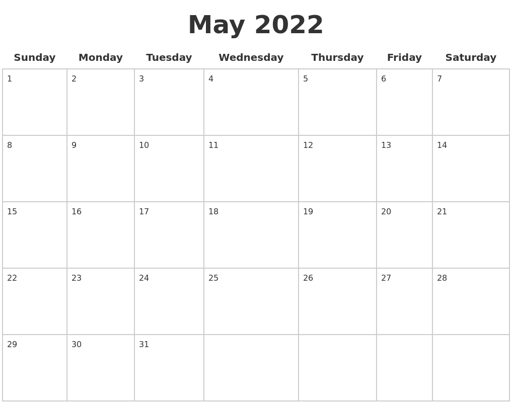 May 2022 Blank Calendar Pages