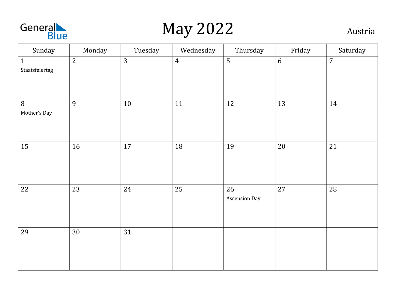 May 2022 Calendar - Austria