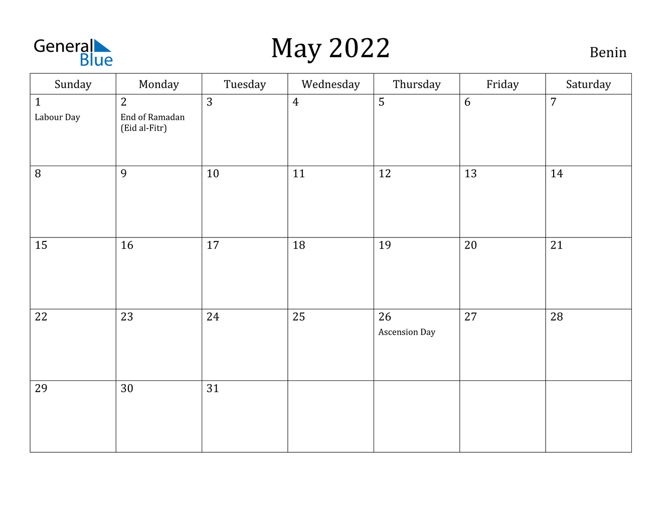 May 2022 Calendar - Benin