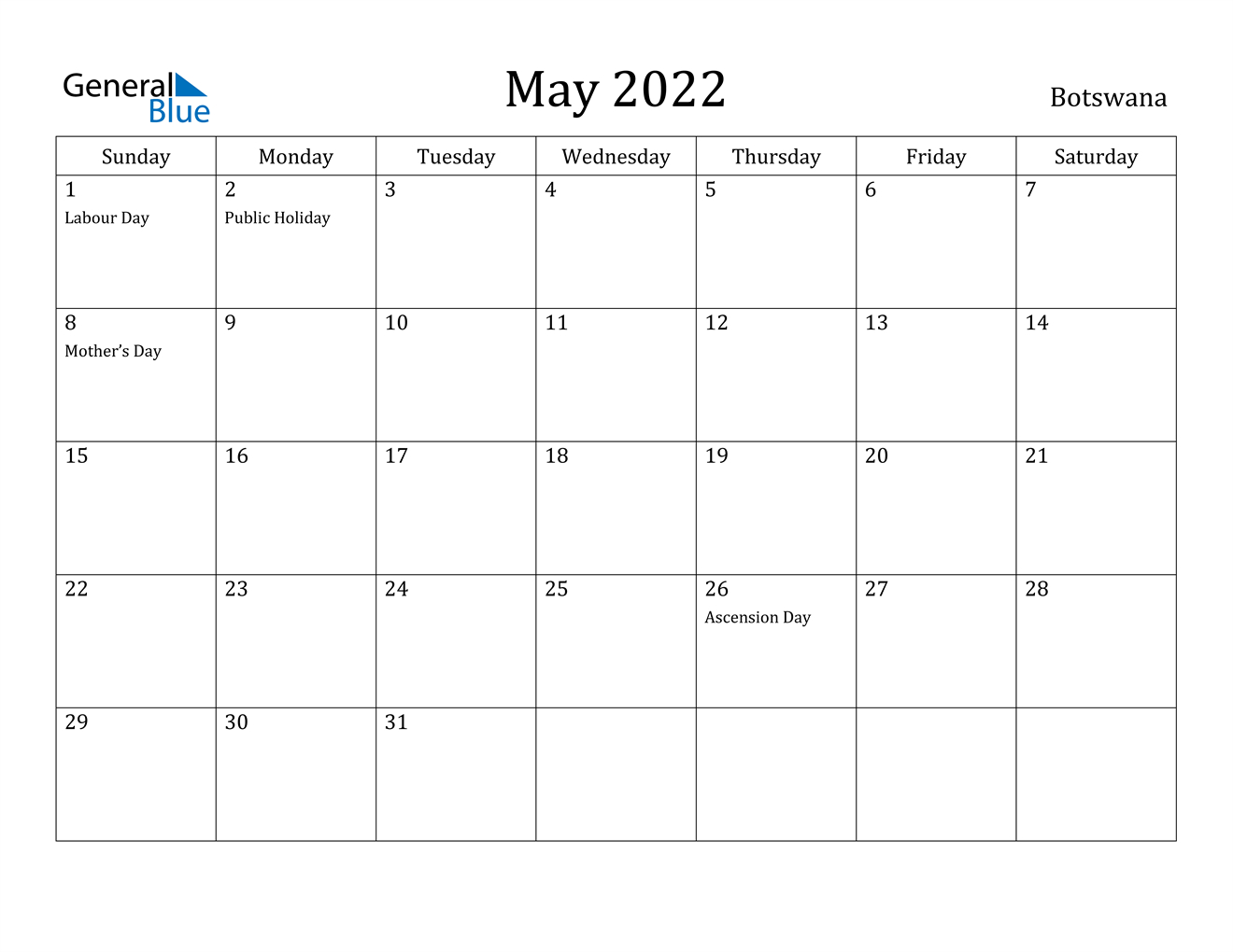 May 2022 Calendar - Botswana