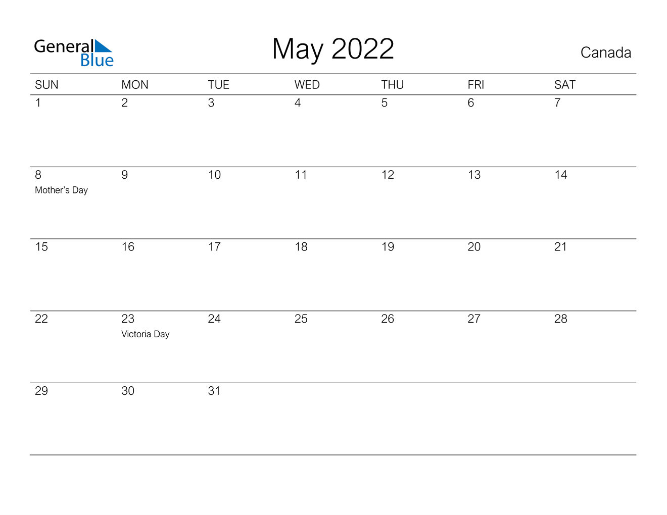 May 2022 Calendar - Canada