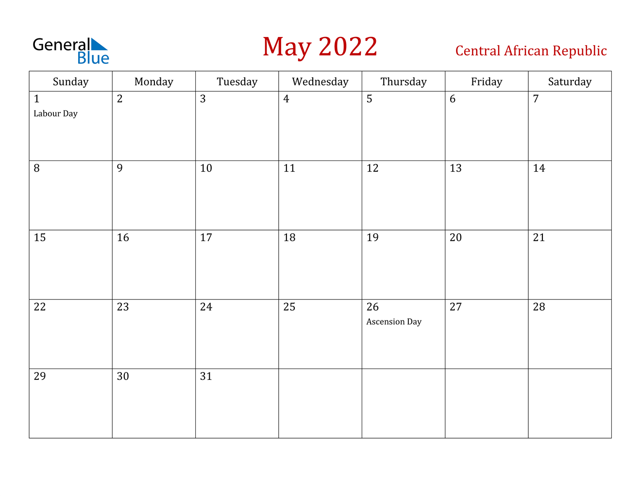 May 2022 Calendar - Central African Republic