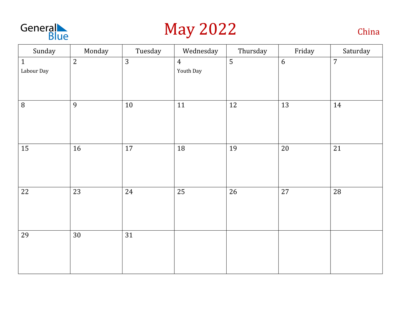 May 2022 Calendar - China