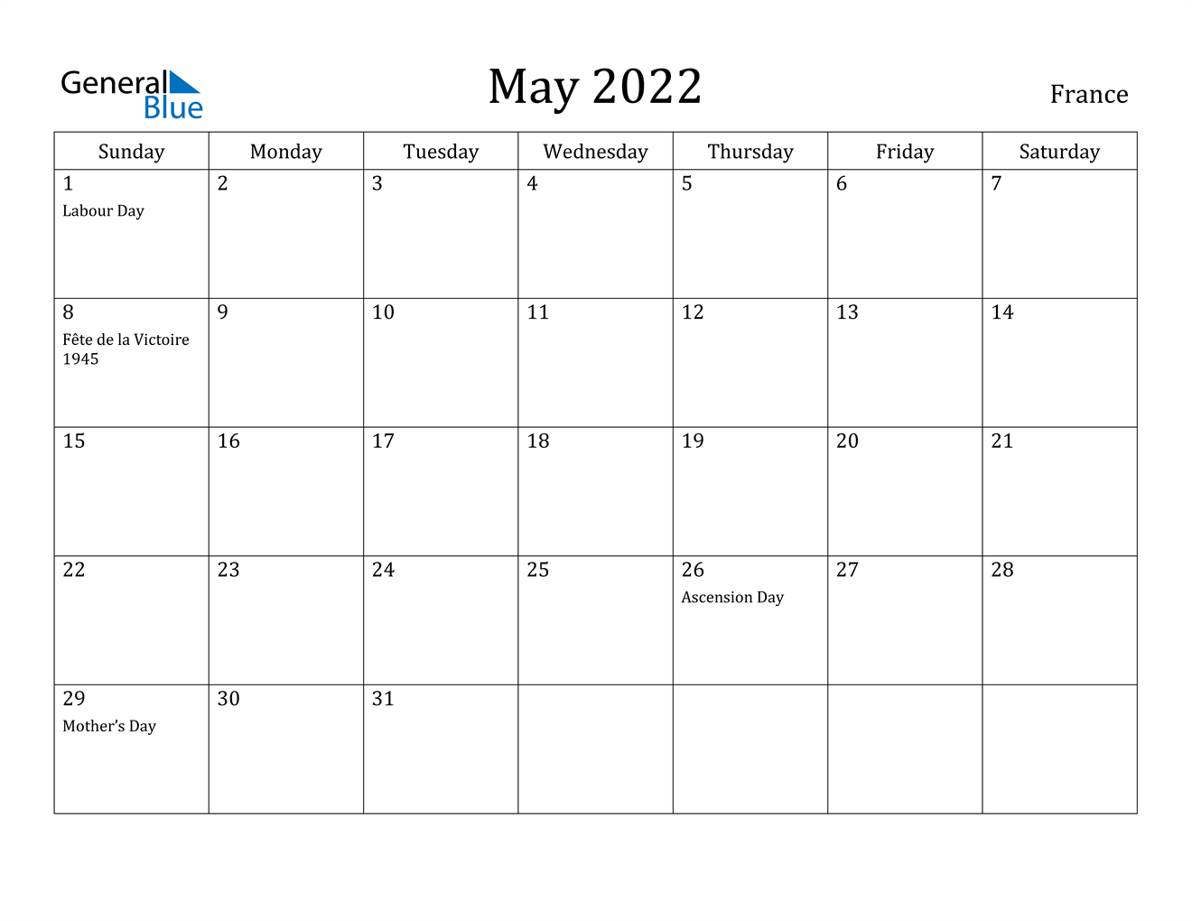 May 2022 Calendar - France
