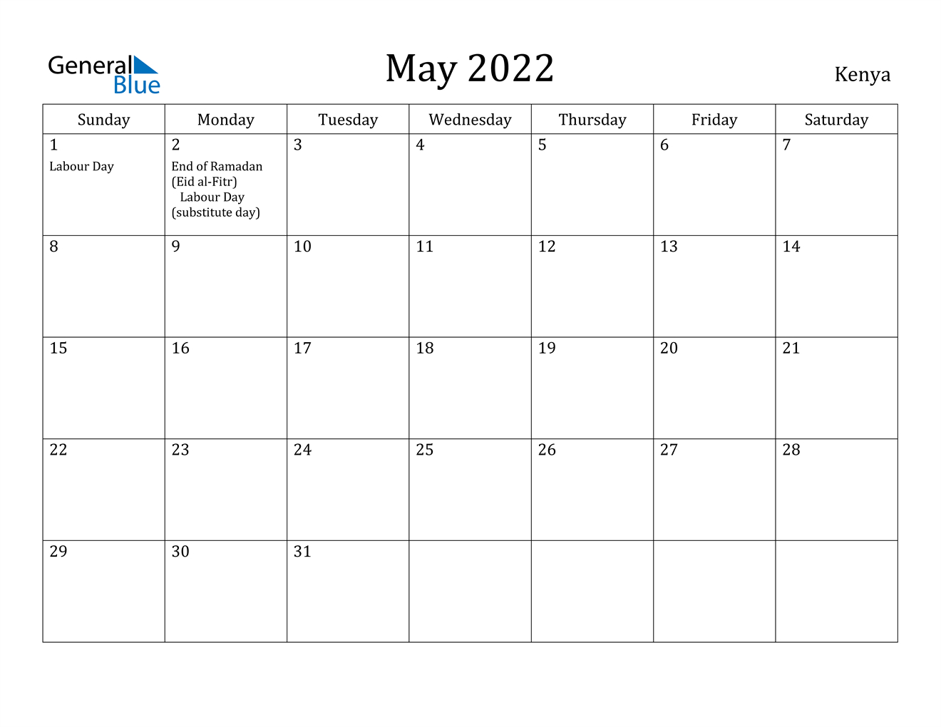 May 2022 Calendar - Kenya