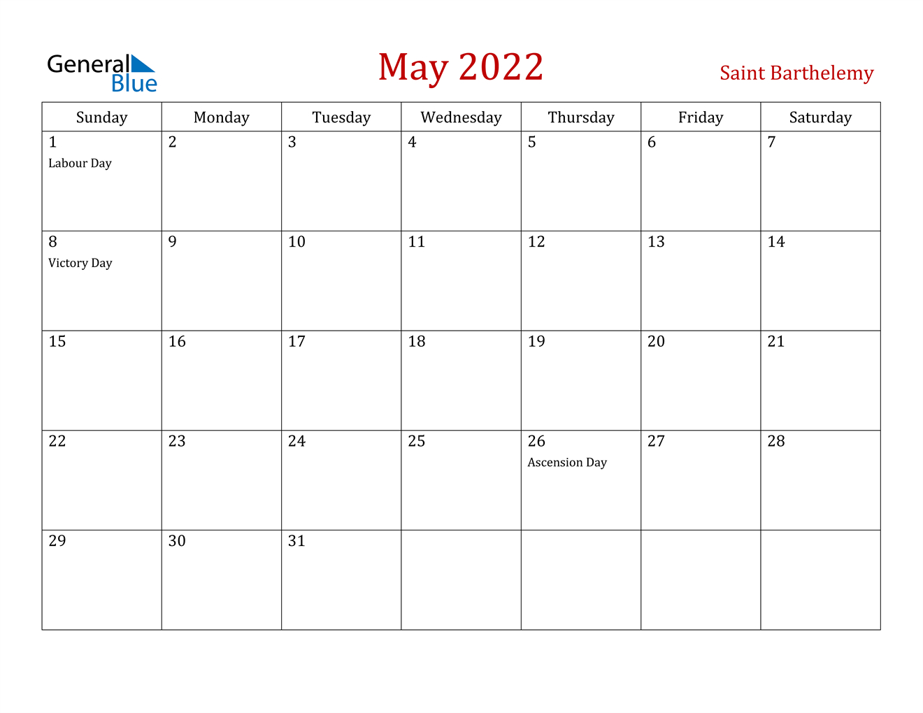 May 2022 Calendar - Saint Barthelemy